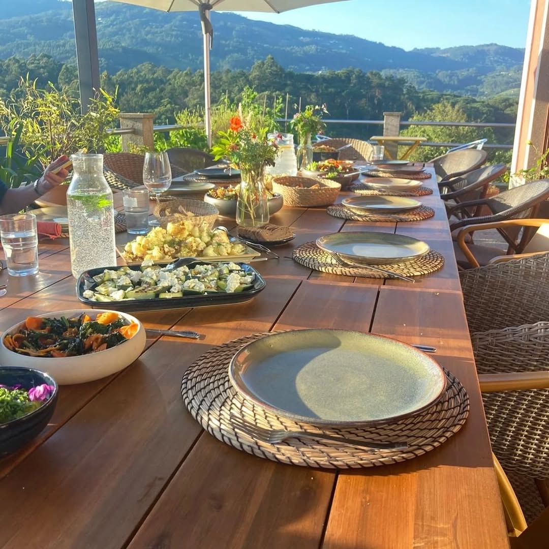 Outdoor dining table set for the group with mountain views